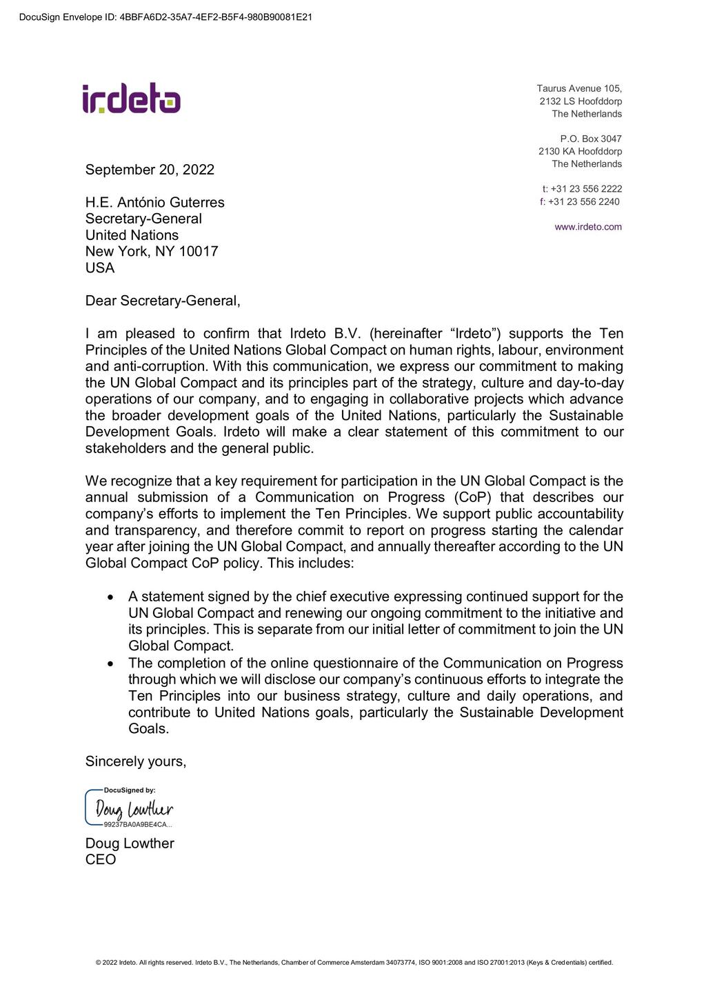 United Nations Global Compact Commitment Letter